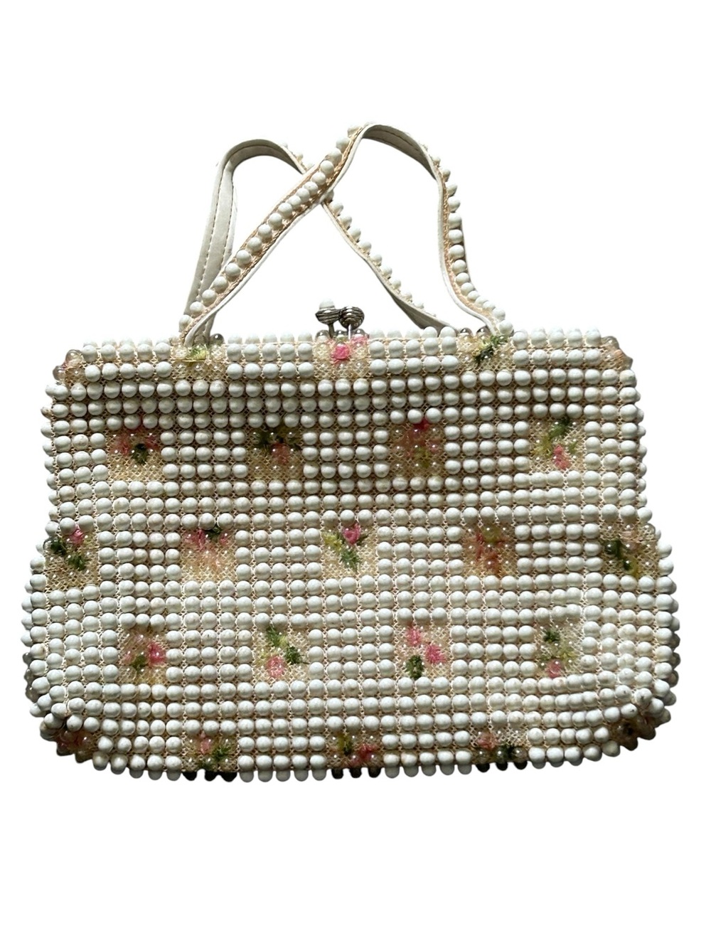 1940s 50s VTG Grandee Bead Bead Purse Pink Flowers Kiss Clasp